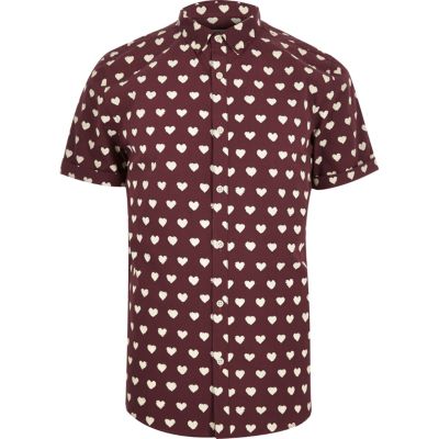 Red heart print short sleeve shirt short sleeve shirts shirts men