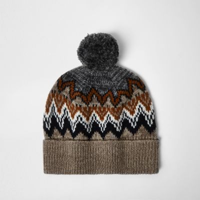 Light brown Fairisle knit bobble hat - hats - accessories - men