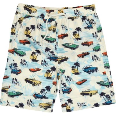 Boys ecru car print swim shorts