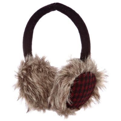 Boys red check earmuffs with faux fur