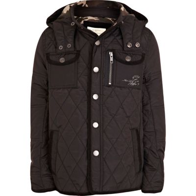 Boys black quilted hooded jacket