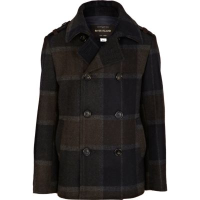 Boys black check pea coat