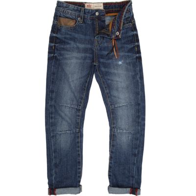 Boys blue mid wash leather trim jeans