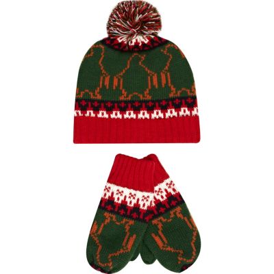 Boys green penguin bobble hat and mitten set