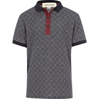Boys navy diamond jacquard polo shirt