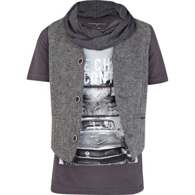 Boys grey t-shirt and herringbone waistcoat 
