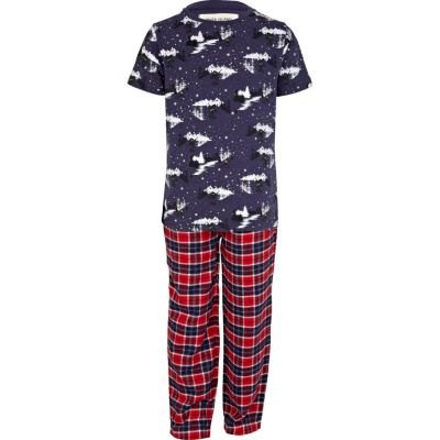 Boys navy snow pyjama top and bottoms set