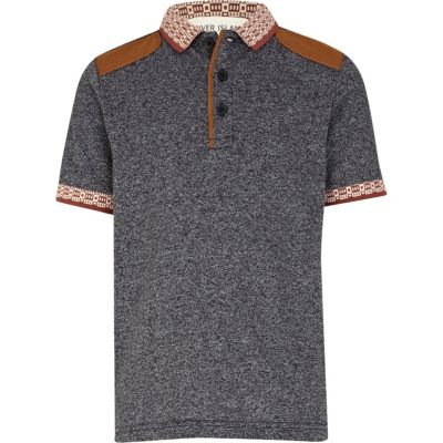 Boys navy grindle contrast trim polo shirt