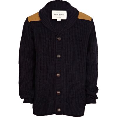 Boys navy shoulder patch cardigan