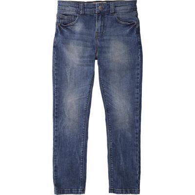 Boys blue mid wash distressed skinny jeans