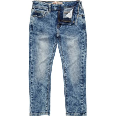 Boys blue distressed acid wash jeans 