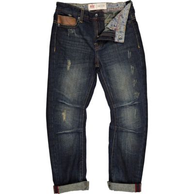 Boys blue mid wash denim distressed jeans 