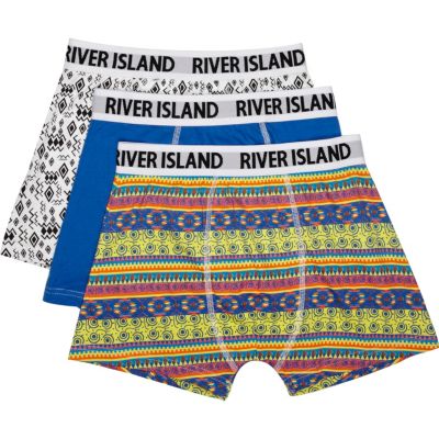Boys blue three pack aztec boxer shorts