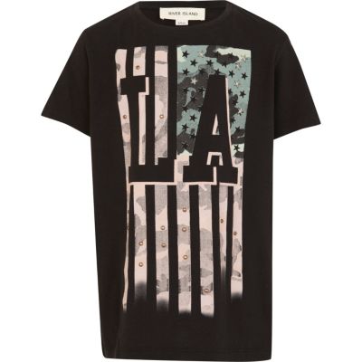 Boys black LA studded print t-shirt