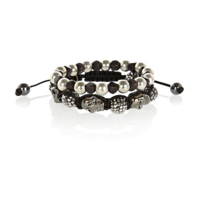 Boys black two pack diamante skull bracelet