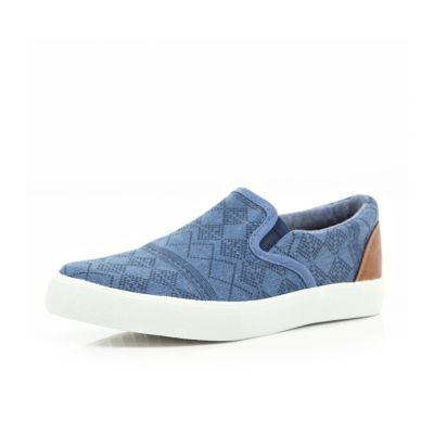Boys blue aztec slip on plimsols