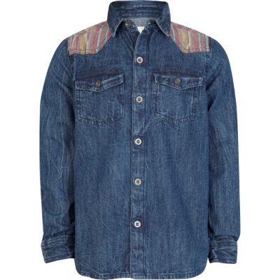 Boys blue mid wash distressed denim shirt