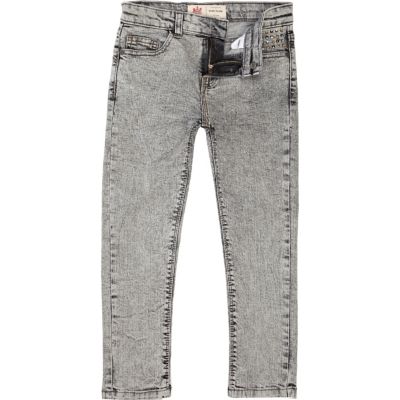Boys grey studded acid wash jeans