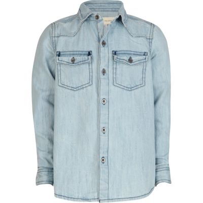 Boys blue bleach wash denim shirt