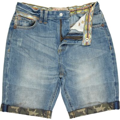Boys blue denim camo and aztec trim shorts
