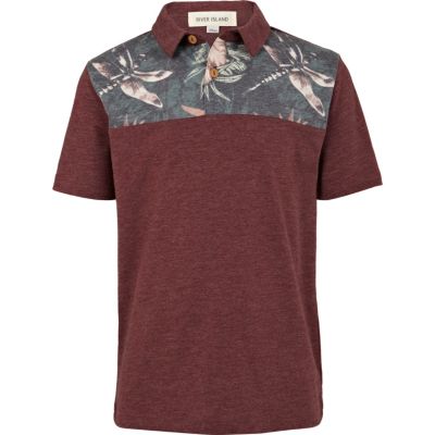 Boys red floral print yoke polo shirt