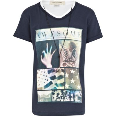 Boys navy awesome print t-shirt and necklace