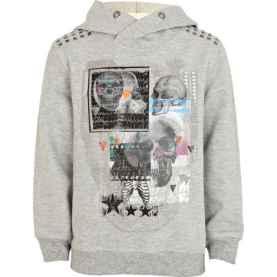 Boys grey marl hooded skull sweatshirt