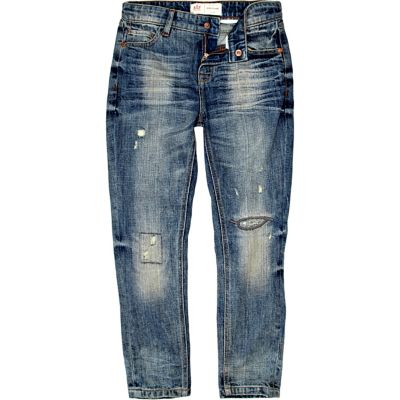Boys blue mid wash distressed ripped jeans