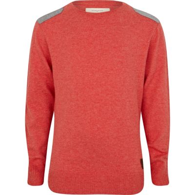 Boys red marl shoulder patch jumper