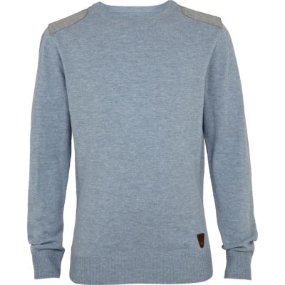 Boys blue marl shoulder patch jumper