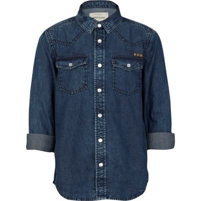 Boys blue dark denim shirt with star yoke