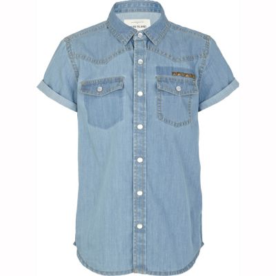 Boys blue light wash studded denim shirt