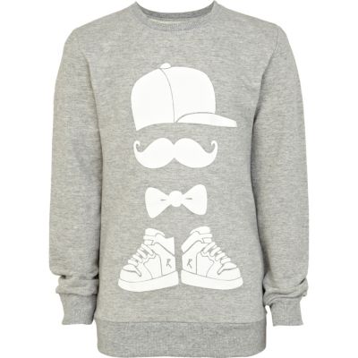 Boys grey marl moustache man sweatshirt