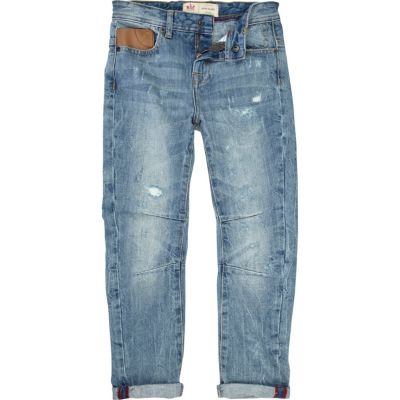 Boys blue light wash leather look trim jeans