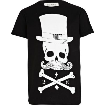 Boys black skeleton moustache print t-shirt