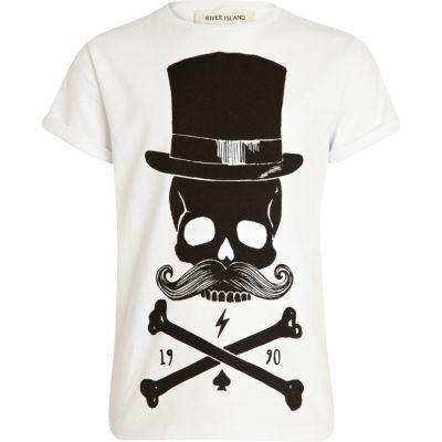 Boys white skeleton moustache print t-shirt