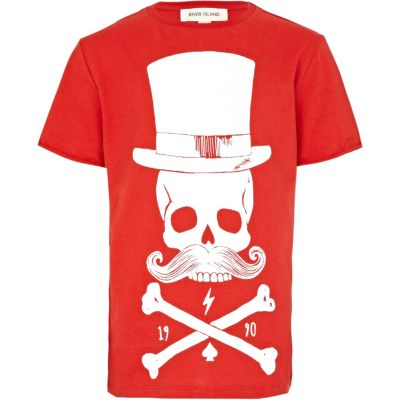 Boys red skeleton moustache print t-shirt