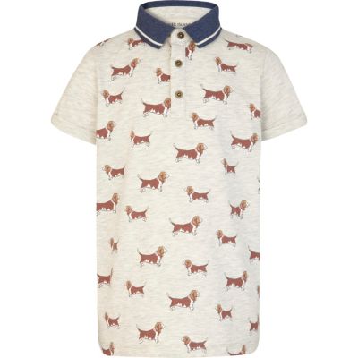 Boys beige bassett hound print polo shirt 