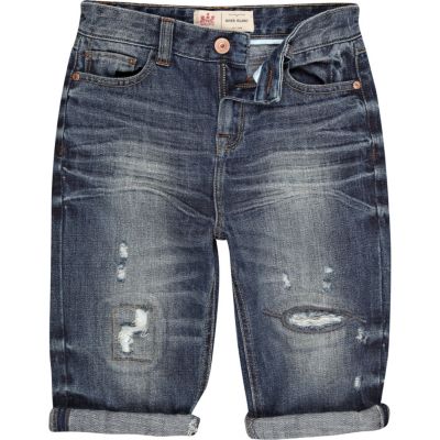 Boys blue mid wash distressed denim shorts