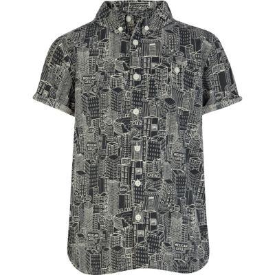 Boys black city print shirt