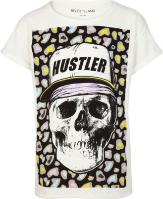 Boys ecru hustler skull print t-shirt