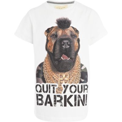 Boys white Pets Rock quit barking t-shirt