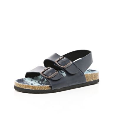 Boys navy double strap flatbed sandals