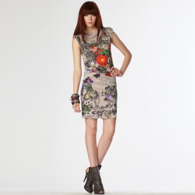 Beige digital floral print dress