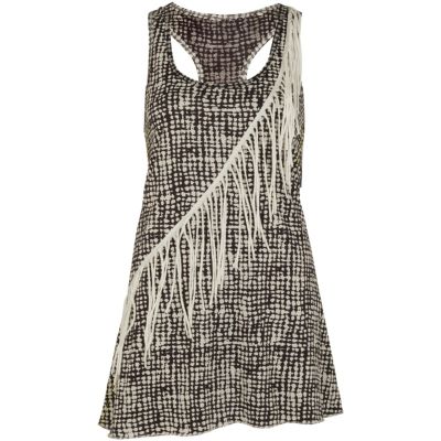 Cream printed fringe detail vest