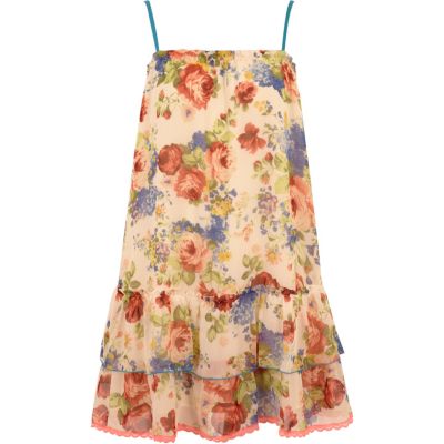 Cream floral print strappy swing dress