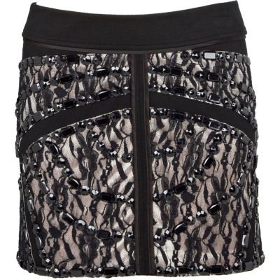 Black bead embellished lace mini skirt