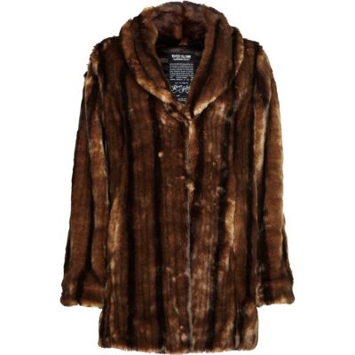 River Island oversized long line faux fur coat in brown