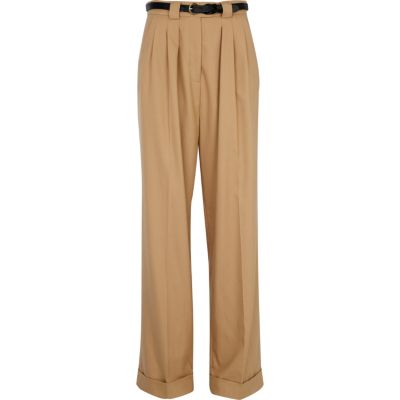 Beige wide pleat trousers