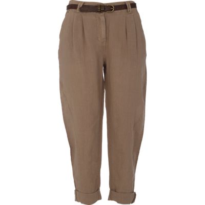 Beige cropped linen peg leg trousers